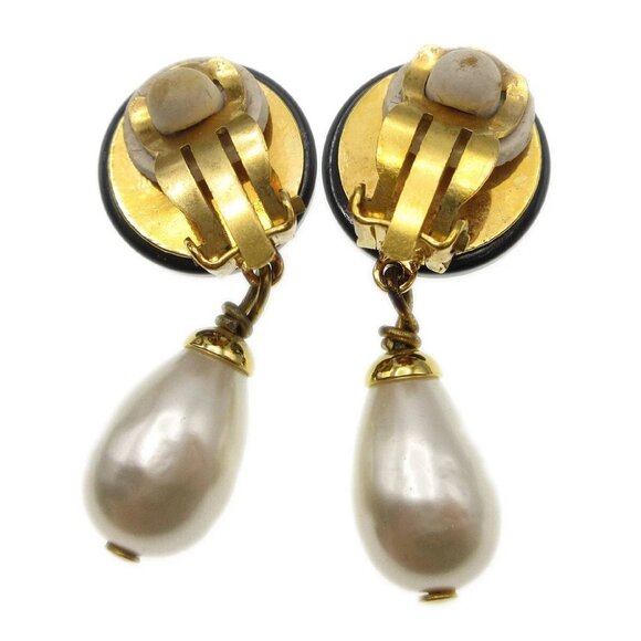 Chanel Artificial Pearl Dangle Earrings Clip-On Gold Black - Picture 2 of 4